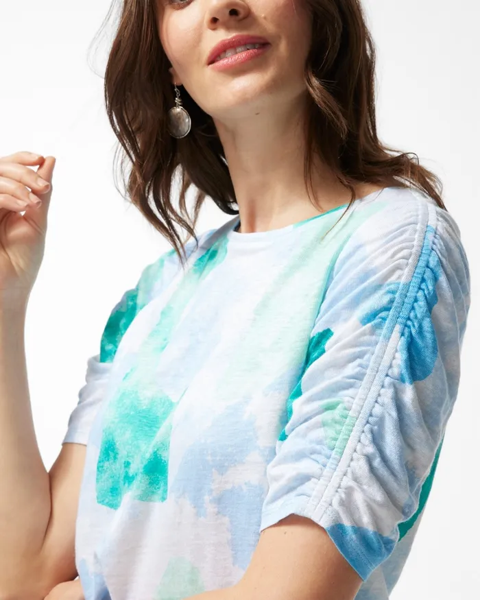 Chico039s Linen Confetti Ruched Sleeve Tee Botanical Blue Women Tops