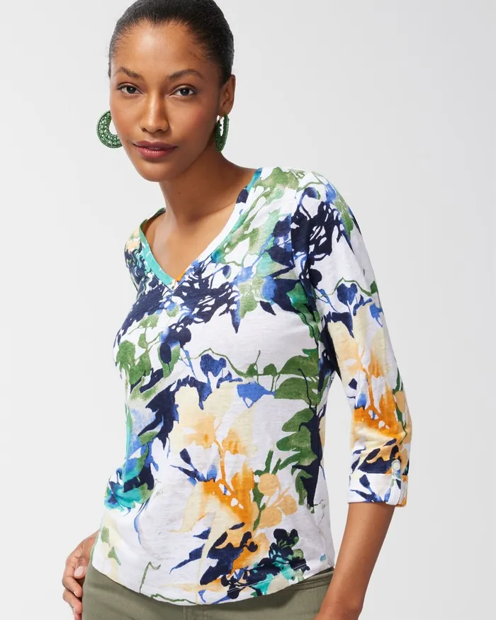 Chico039s Linen Floral 34 Sleeve Tee Classic Navy Women Tops