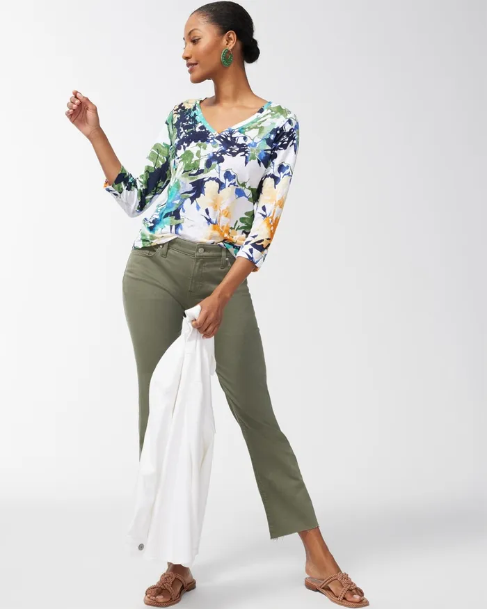 Chico039s Linen Floral 34 Sleeve Tee Classic Navy Women Tops