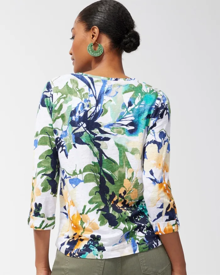 Chico039s Linen Floral 34 Sleeve Tee Classic Navy Women Tops