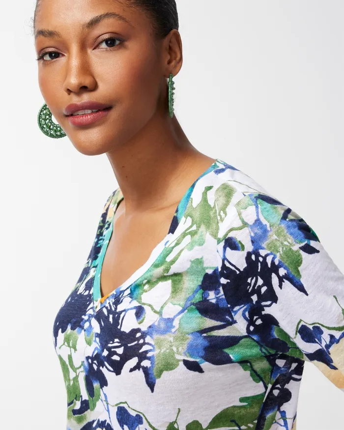 Chico039s Linen Floral 34 Sleeve Tee Classic Navy Women Tops