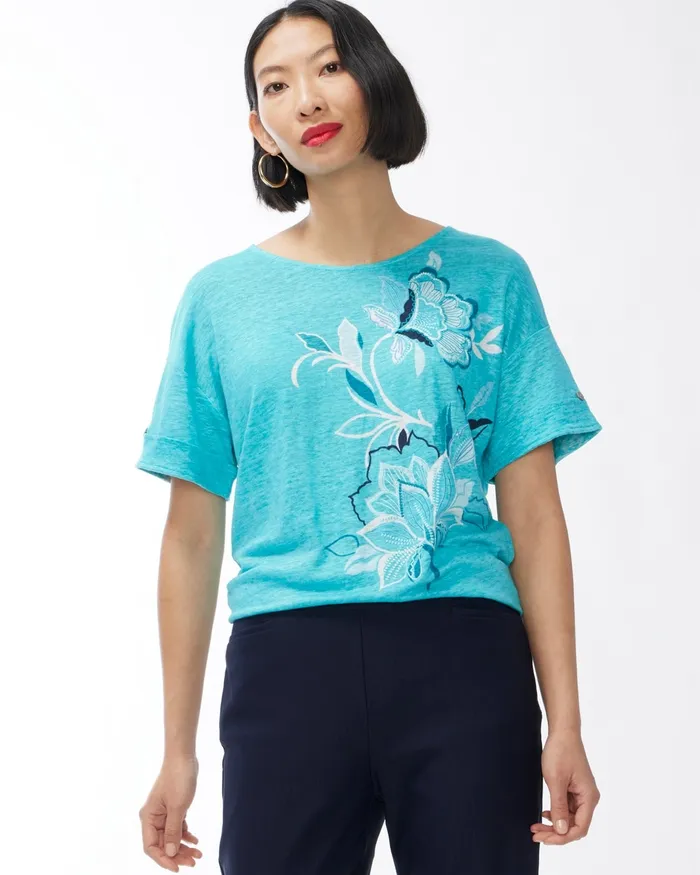 Chico039s Linen Floral Relaxed Tee Agua Azul Women Tops