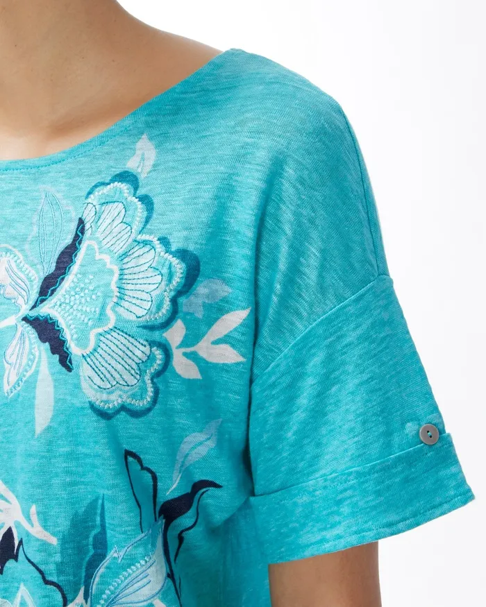 Chico039s Linen Floral Relaxed Tee Agua Azul Women Tops