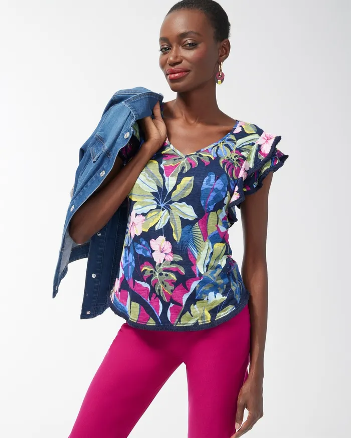 Chico039s Linen Jungle Print Flutter Sleeve Top Classic Navy Women Tees