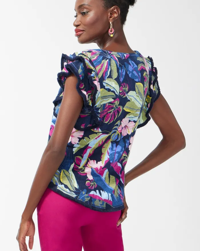 Chico039s Linen Jungle Print Flutter Sleeve Top Classic Navy Women Tees