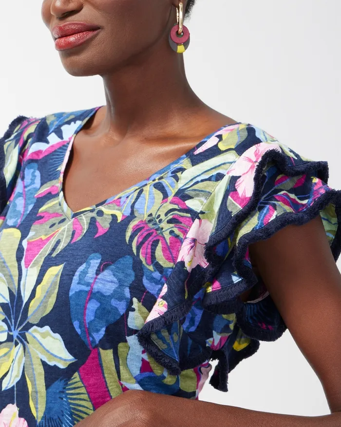 Chico039s Linen Jungle Print Flutter Sleeve Top Classic Navy Women Tees