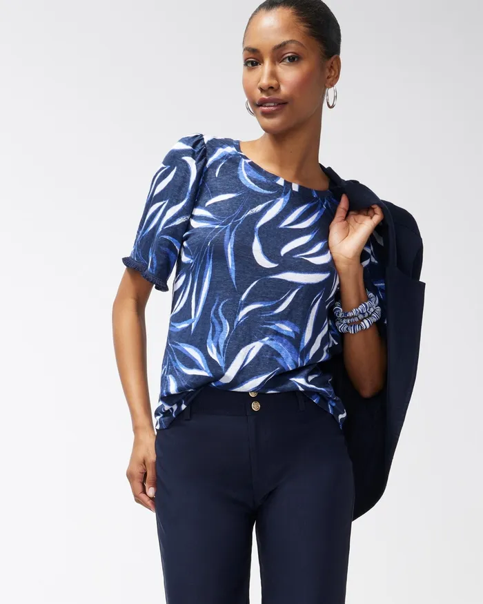 Chico039s Linen Leaf Print Fringe Sleeve Tee Classic Navy Women Tees