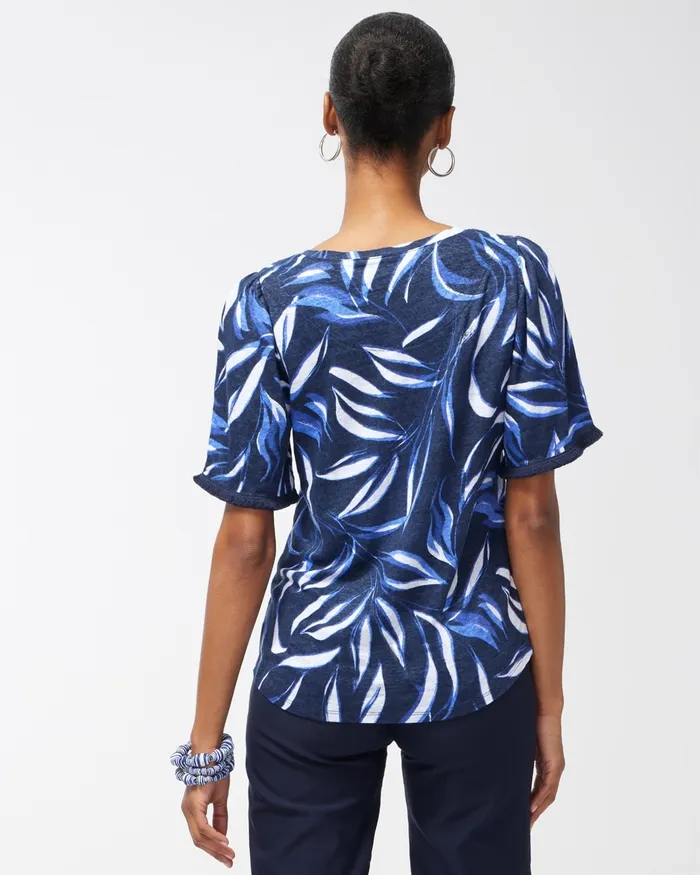 Chico039s Linen Leaf Print Fringe Sleeve Tee Classic Navy Women Tees