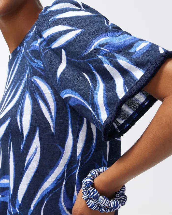 Chico039s Linen Leaf Print Fringe Sleeve Tee Classic Navy Women Tees