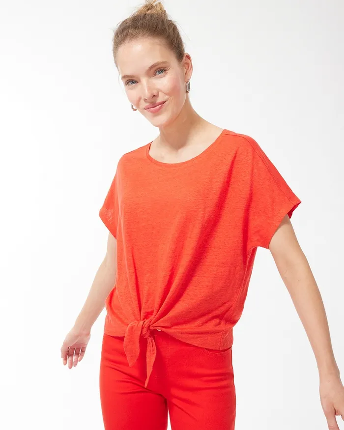 Chico039s Linen Tie Front Tee Flame Scarlet Women Tops