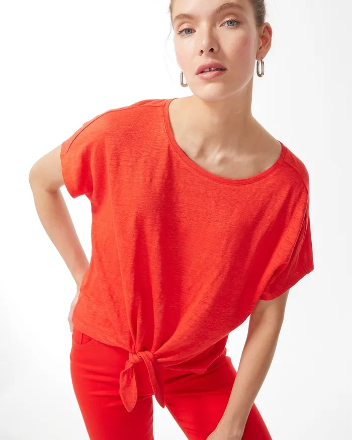 Chico039s Linen Tie Front Tee Flame Scarlet Women Tops