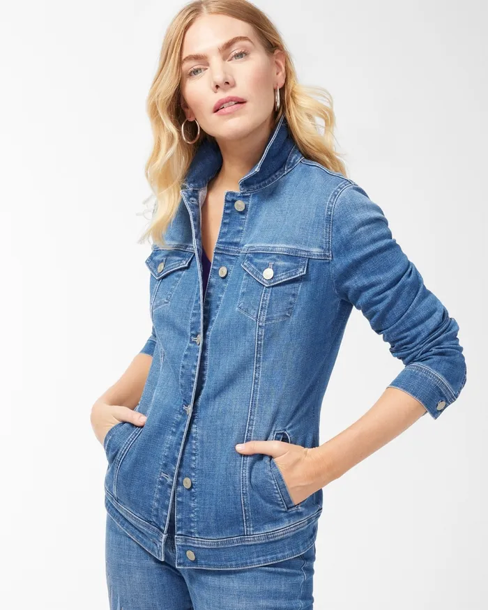 Chico039s Lurex Palm Print Denim Jacket Corfu Indigo Women Jackets and Coats