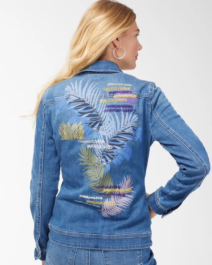 Chico039s Lurex Palm Print Denim Jacket Corfu Indigo Women Jackets and Coats