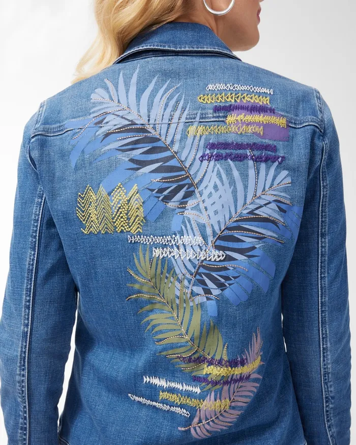 Chico039s Lurex Palm Print Denim Jacket Corfu Indigo Women Jackets and Coats