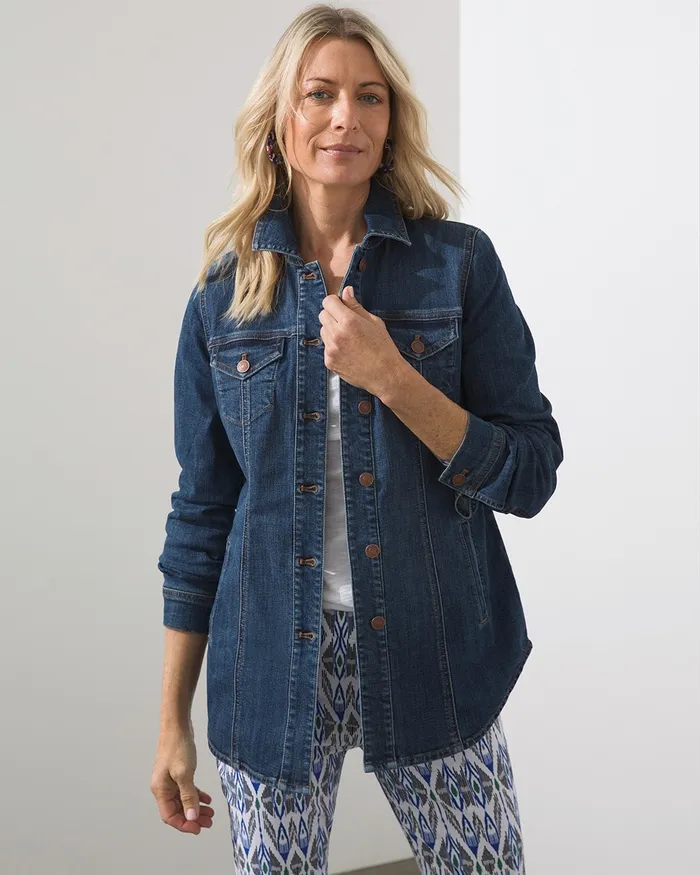 Chico039s Mid Length Shirt Tail Denim Jacket Venus Indigo Women Jackets and Coats