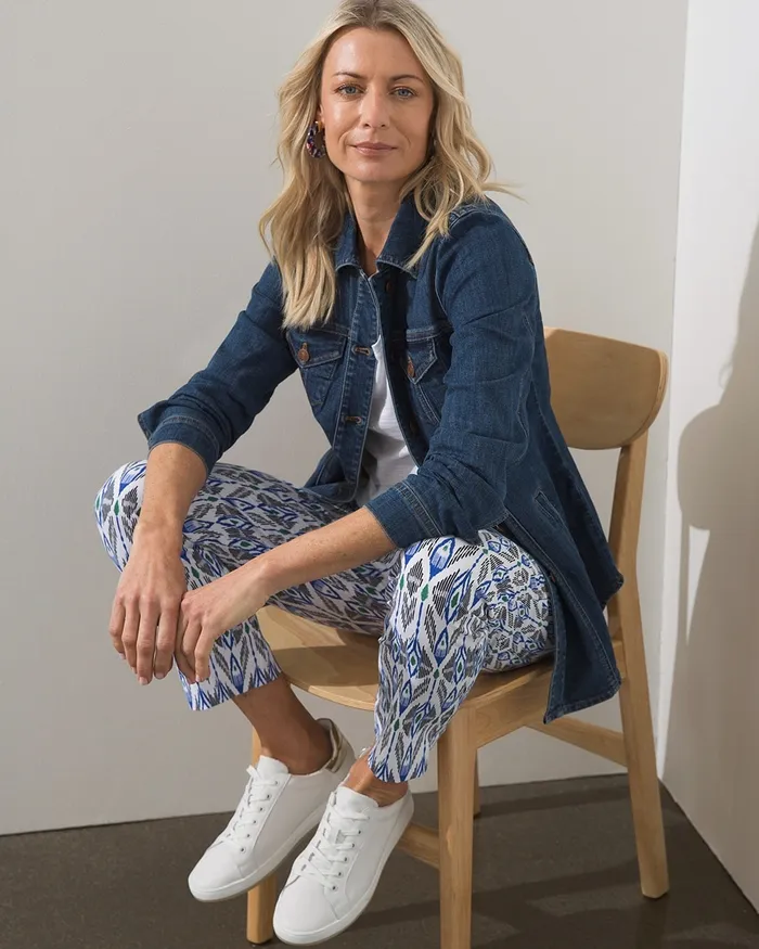 Chico039s Mid Length Shirt Tail Denim Jacket Venus Indigo Women Jackets and Coats