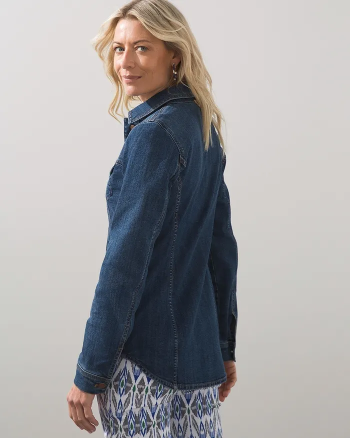 Chico039s Mid Length Shirt Tail Denim Jacket Venus Indigo Women Jackets and Coats