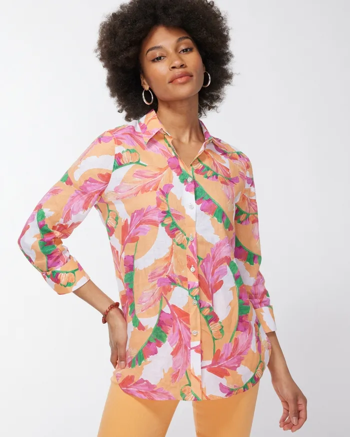 Chico039s No Iron Linen 34 Sleeve Foliage Shirt Mango Ice Women Matching Sets