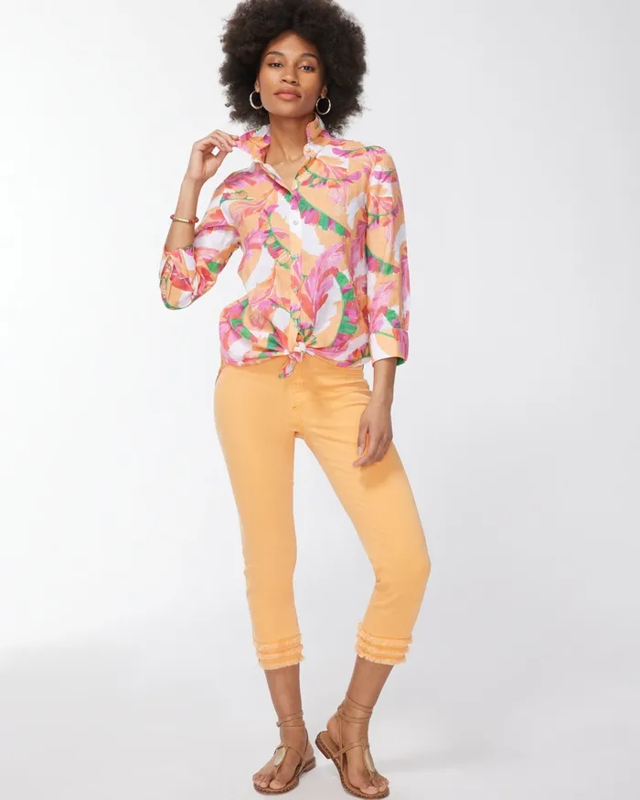 Chico039s No Iron Linen 34 Sleeve Foliage Shirt Mango Ice Women Matching Sets