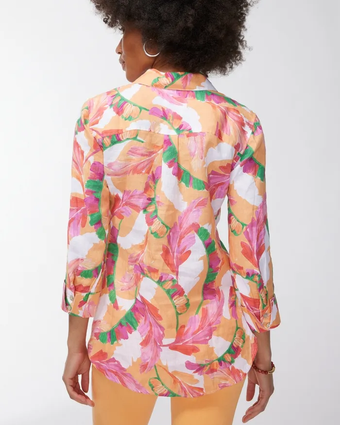 Chico039s No Iron Linen 34 Sleeve Foliage Shirt Mango Ice Women Matching Sets