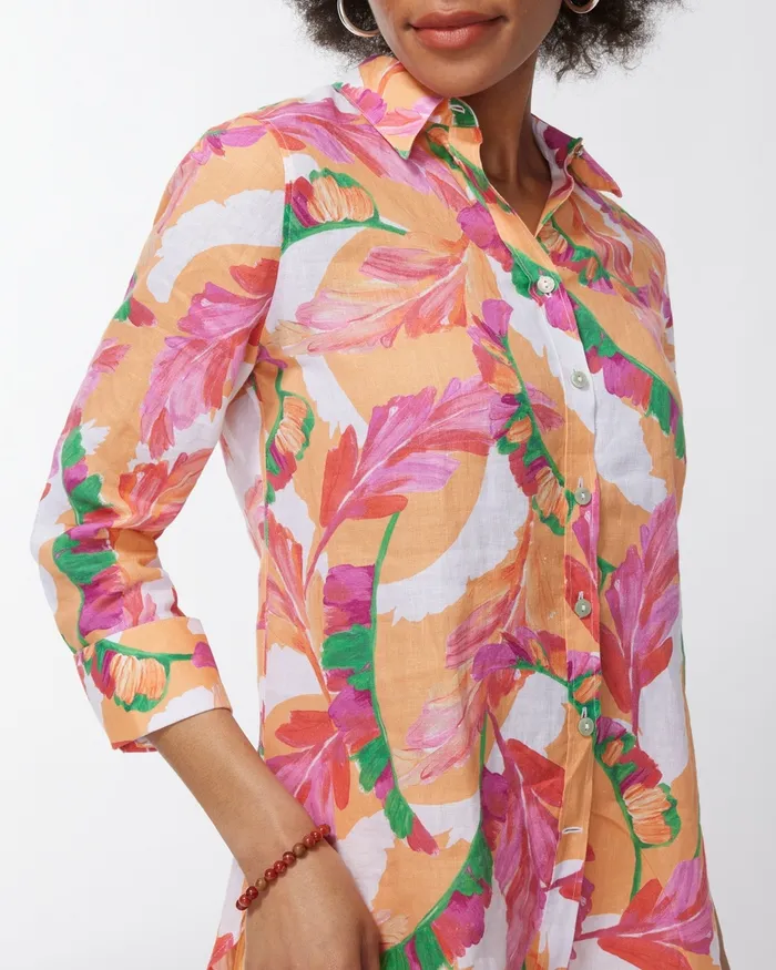 Chico039s No Iron Linen 34 Sleeve Foliage Shirt Mango Ice Women Matching Sets