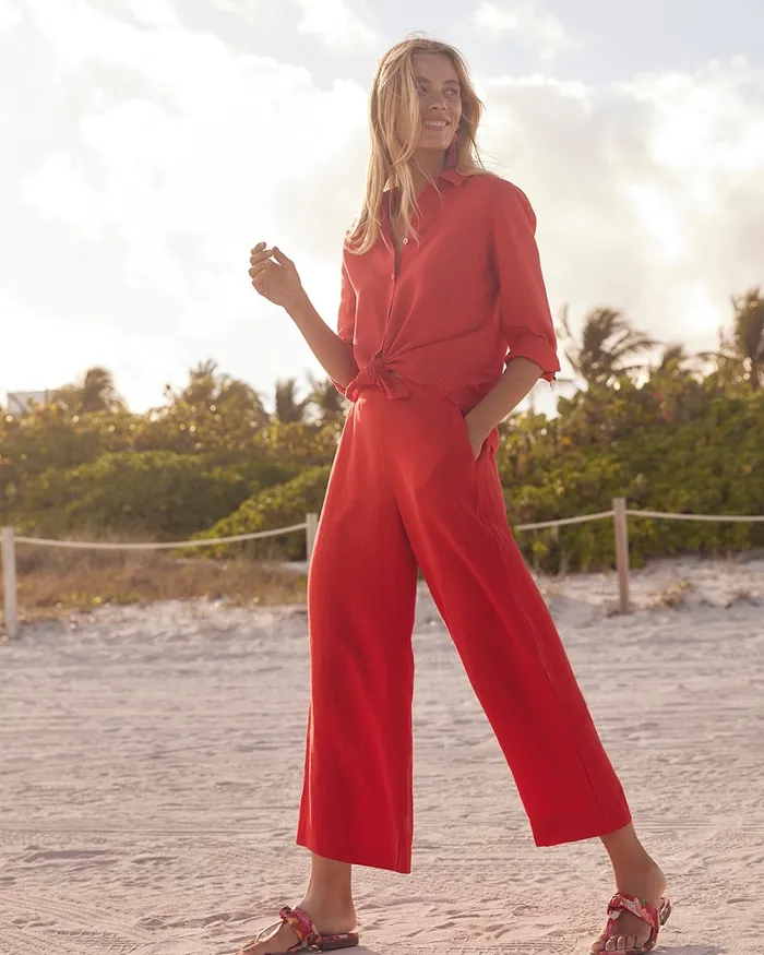 Chico039s No Iron Linen 34 Sleeve Shirt Flame Scarlet Women Matching Sets