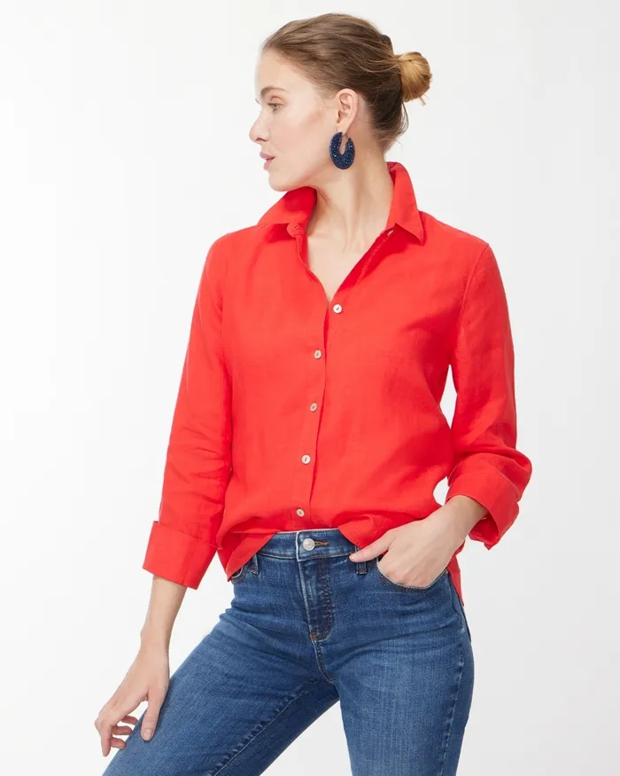Chico039s No Iron Linen 34 Sleeve Shirt Flame Scarlet Women Matching Sets