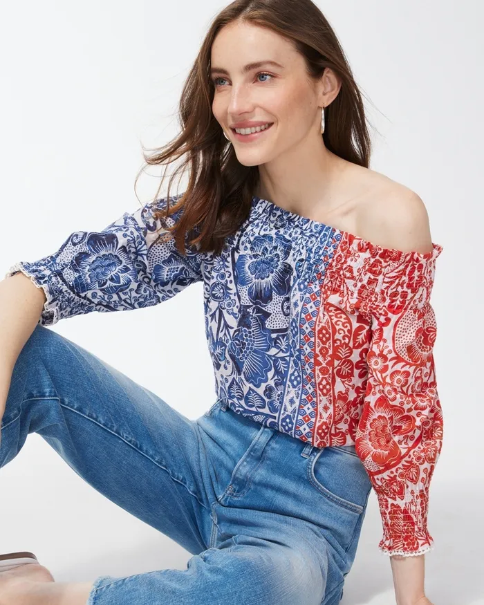 Chico039s OffShoulder Chinoiserie Blouse Classic Navy Women Tops