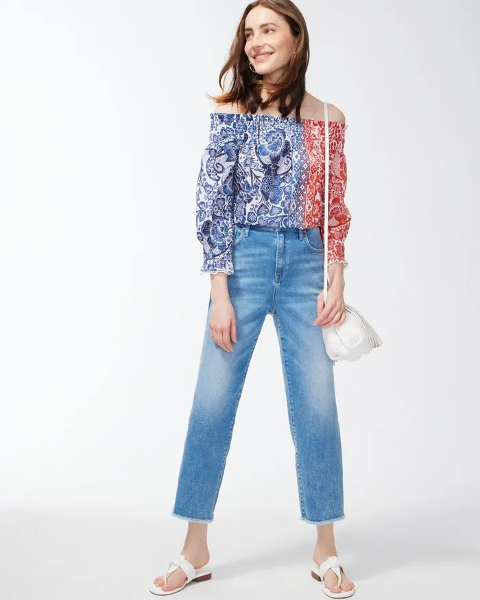 Chico039s OffShoulder Chinoiserie Blouse Classic Navy Women Tops