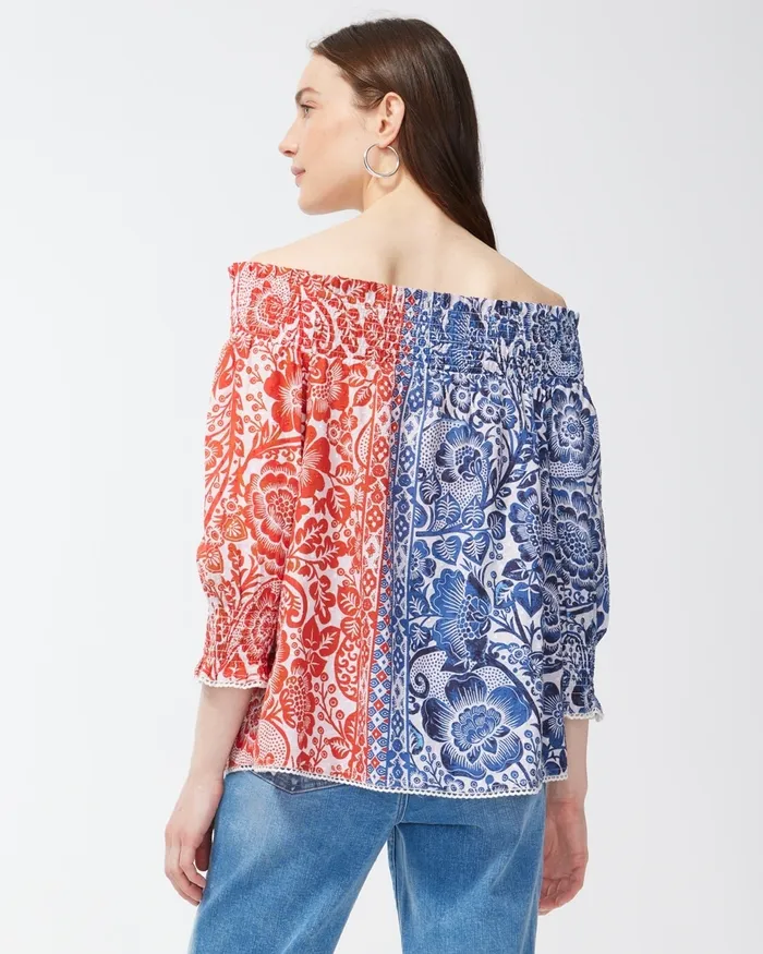 Chico039s OffShoulder Chinoiserie Blouse Classic Navy Women Tops