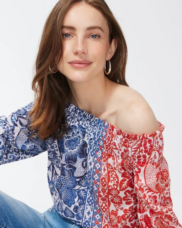 Chico039s OffShoulder Chinoiserie Blouse Classic Navy Women Tops