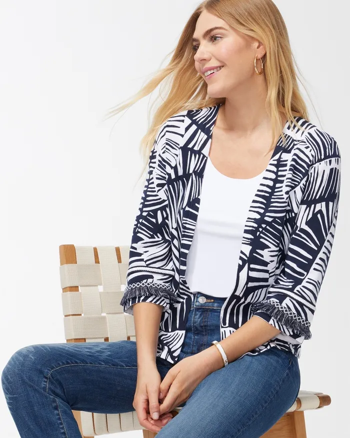 Chico039s Palm Print Cardigan Classic Navy Women Sweaters