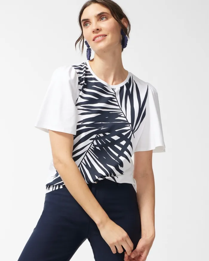 Chico039s Palm Print Flounce Sleeve Tee Classic Navy Women Tees