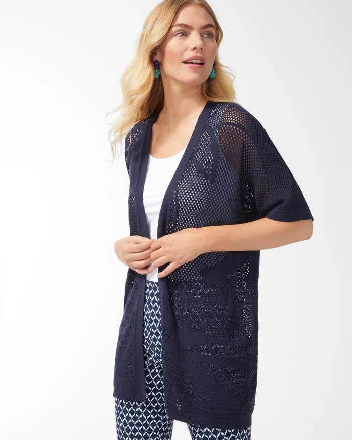 Chico039s Palm Print Lace Cardigan Classic Navy Women Sweaters