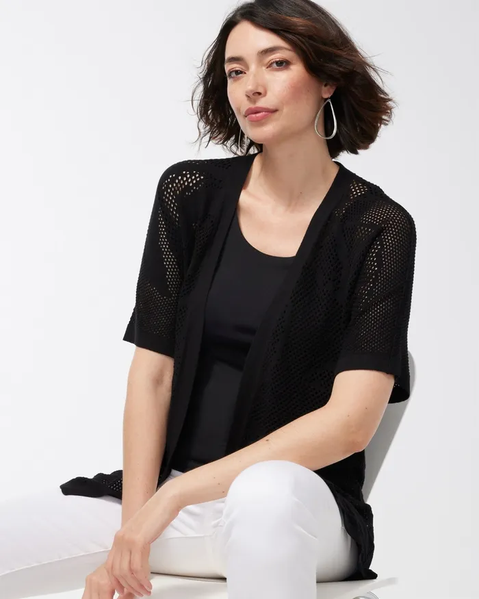 Chico039s Palm Print Lace Cardigan Classic Navy Women Sweaters