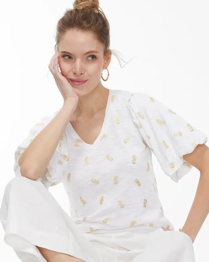 Chico039s Pineapple Flutter Sleeve Elbow Tee Alabaster Women Tees