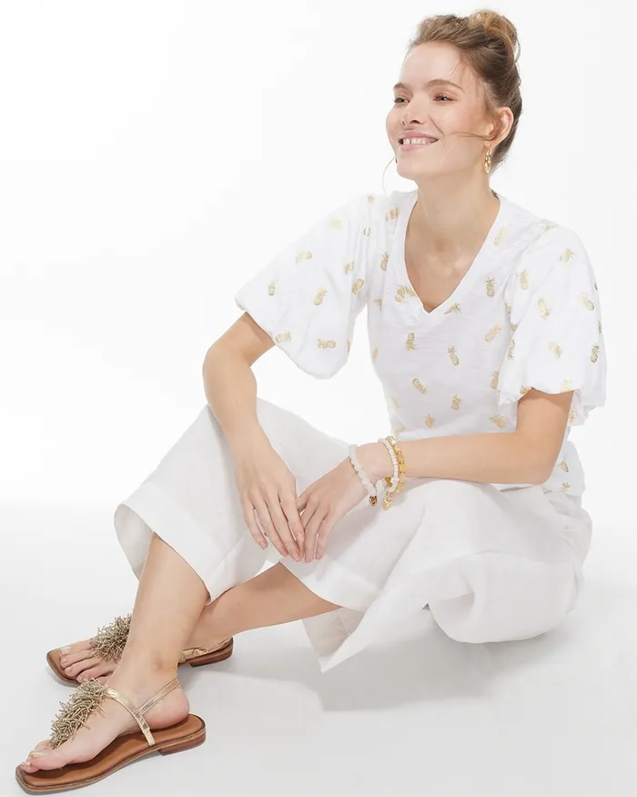 Chico039s Pineapple Flutter Sleeve Elbow Tee Alabaster Women Tops