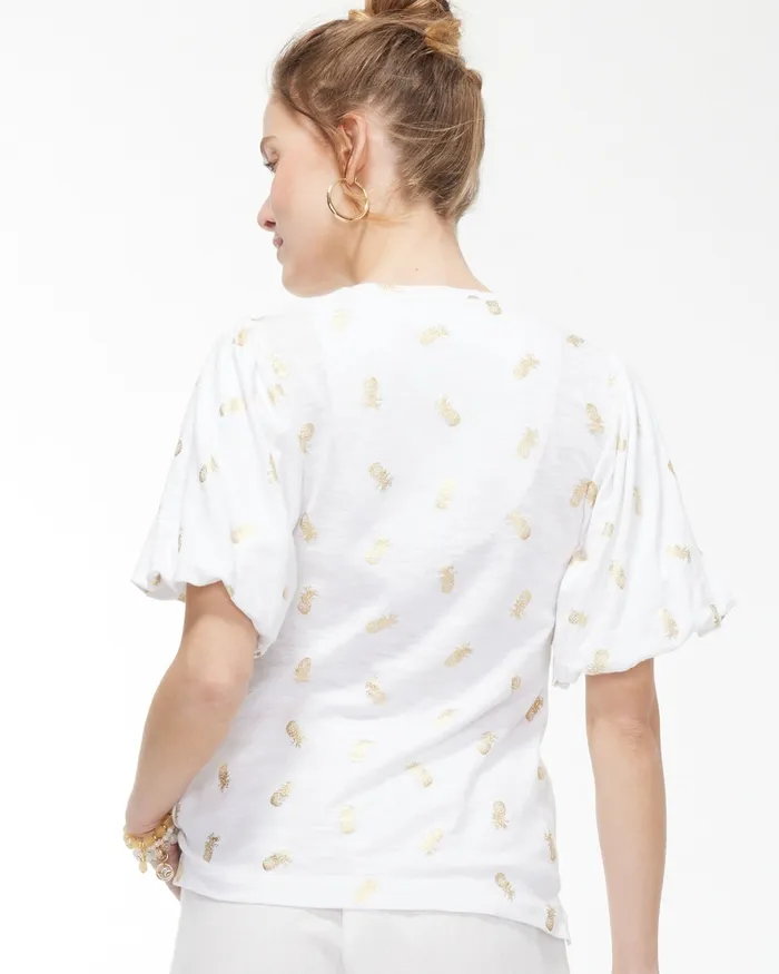 Chico039s Pineapple Flutter Sleeve Elbow Tee Alabaster Women Tops