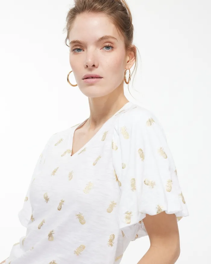Chico039s Pineapple Flutter Sleeve Elbow Tee Alabaster Women Tops