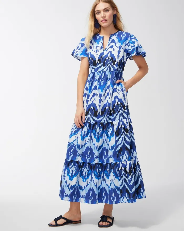 Chico039s Poplin Ikat Tiered Maxi Dress Amparo Blue Women Dresses and Skirts