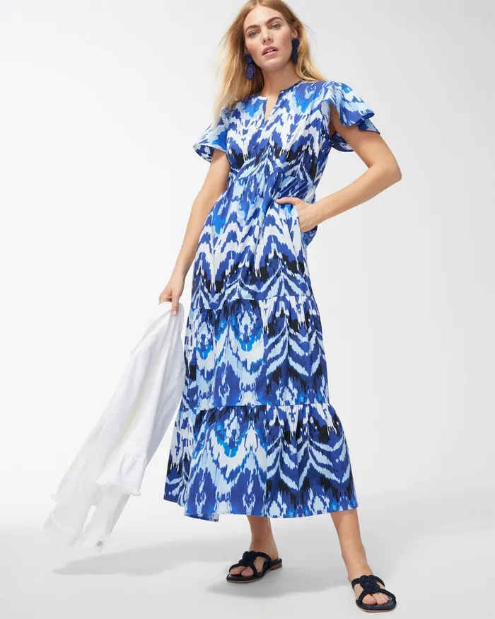 Chico039s Poplin Ikat Tiered Maxi Dress Amparo Blue Women Dresses and Skirts