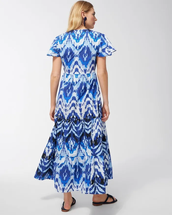 Chico039s Poplin Ikat Tiered Maxi Dress Amparo Blue Women Dresses and Skirts