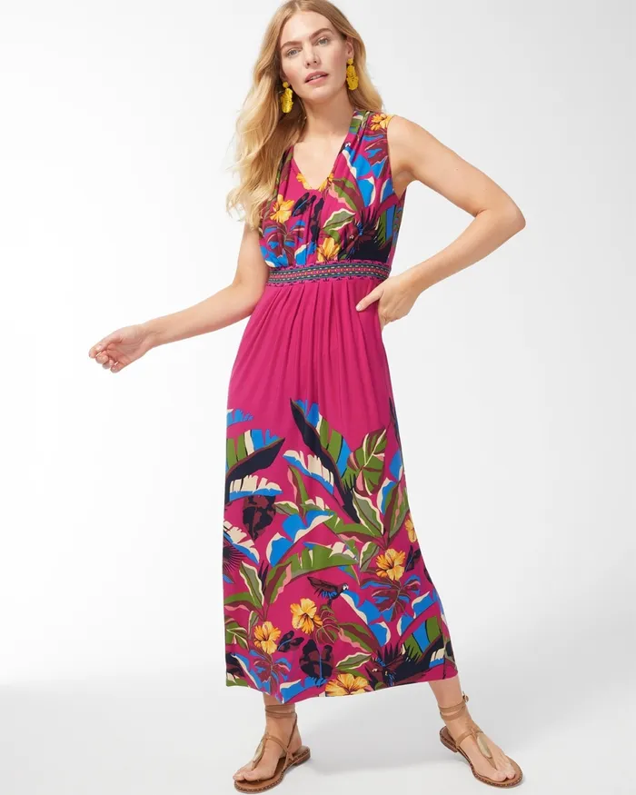 Chico039s Rainforest Print Pleat Front Maxi Dress Botanic Berry Women Dresses and Skirts