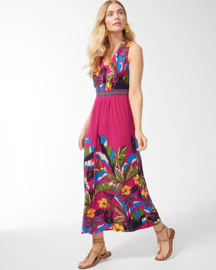 Chico039s Rainforest Print Pleat Front Maxi Dress Botanic Berry Women Dresses and Skirts
