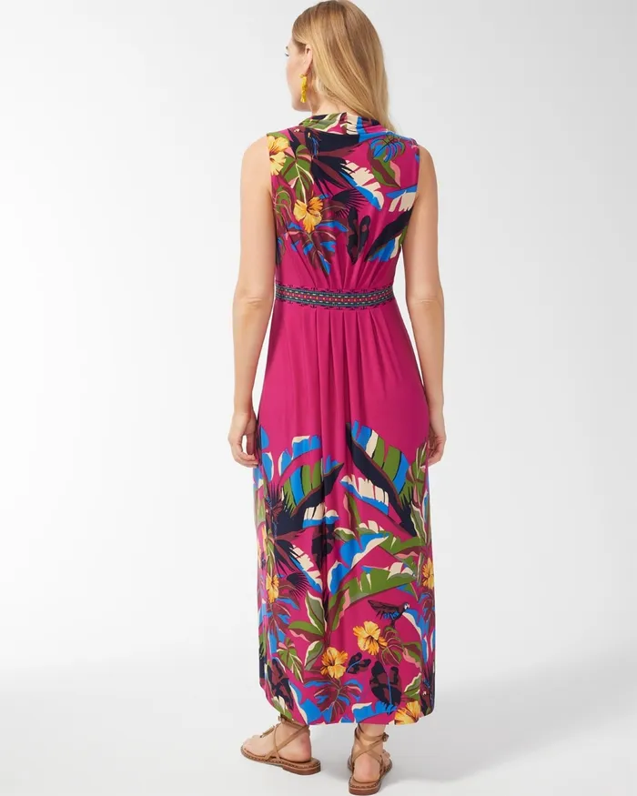 Chico039s Rainforest Print Pleat Front Maxi Dress Botanic Berry Women Dresses and Skirts
