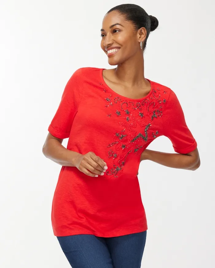 Chico039s Star Spangled Red Slub Tee Flame Scarlet Women Tops