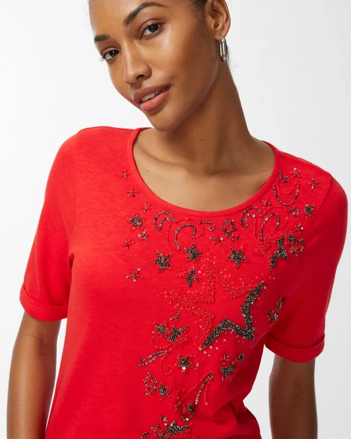 Chico039s Star Spangled Red Slub Tee Flame Scarlet Women Tops