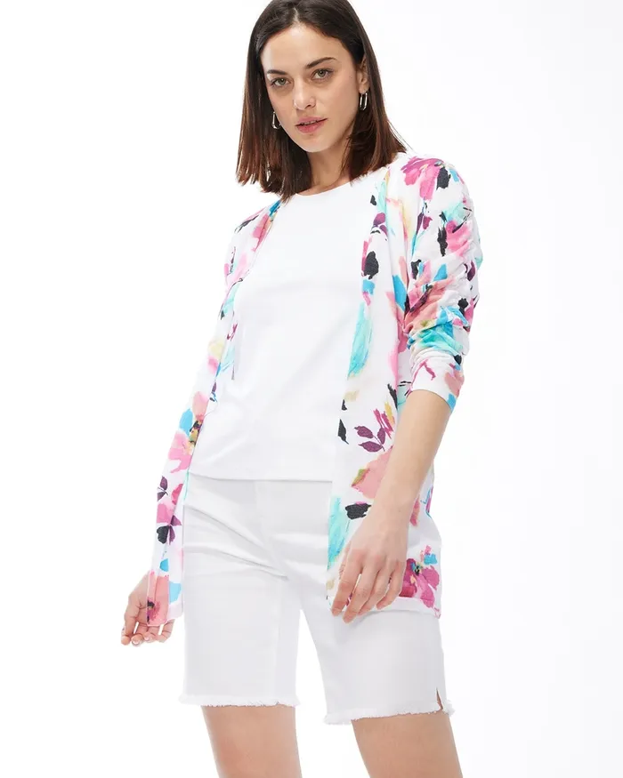 Chico039s Summer Romance Floral Ruched Cardigan Fuchsia Rose Women Sweaters
