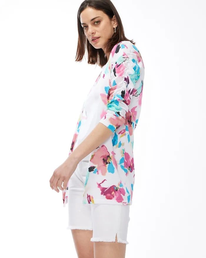 Chico039s Summer Romance Floral Ruched Cardigan Fuchsia Rose Women Sweaters