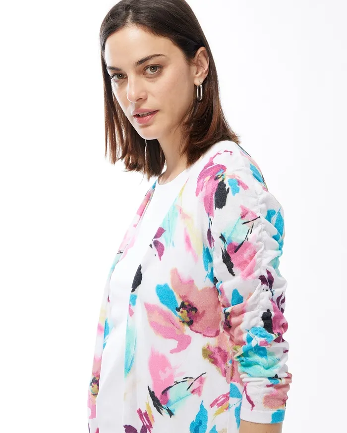 Chico039s Summer Romance Floral Ruched Cardigan Fuchsia Rose Women Sweaters